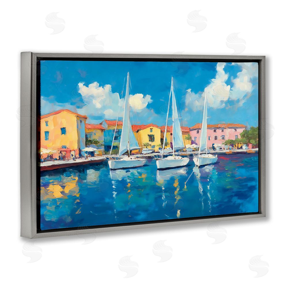 Franklyn Gregory White Boats in Colorful Port Gray Floating Frame Canvas Wall Art Print