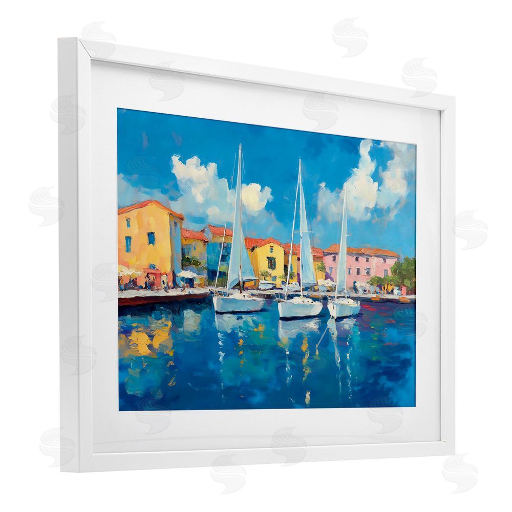 Franklyn Gregory White Boats in Colorful Port White Framed Print Under Glass with Mat Wall Art