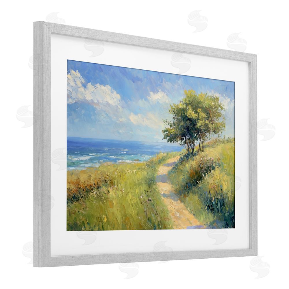 Gina Kelly Ocean Coast Walk Landscape Gray Framed Print Under Glass with White Mat Wall Art