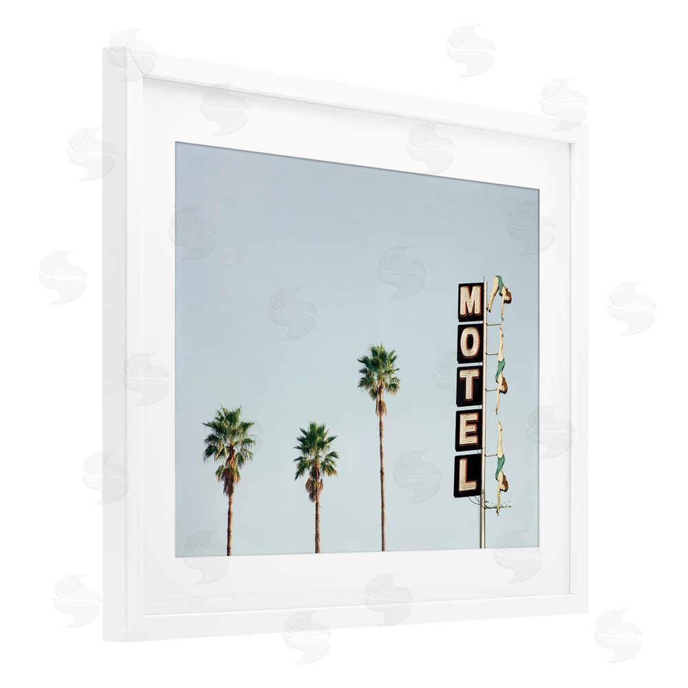 Sisi and Seb Diving Ladies Motel Sign White Framed Print Under Glass with Mat Wall Art