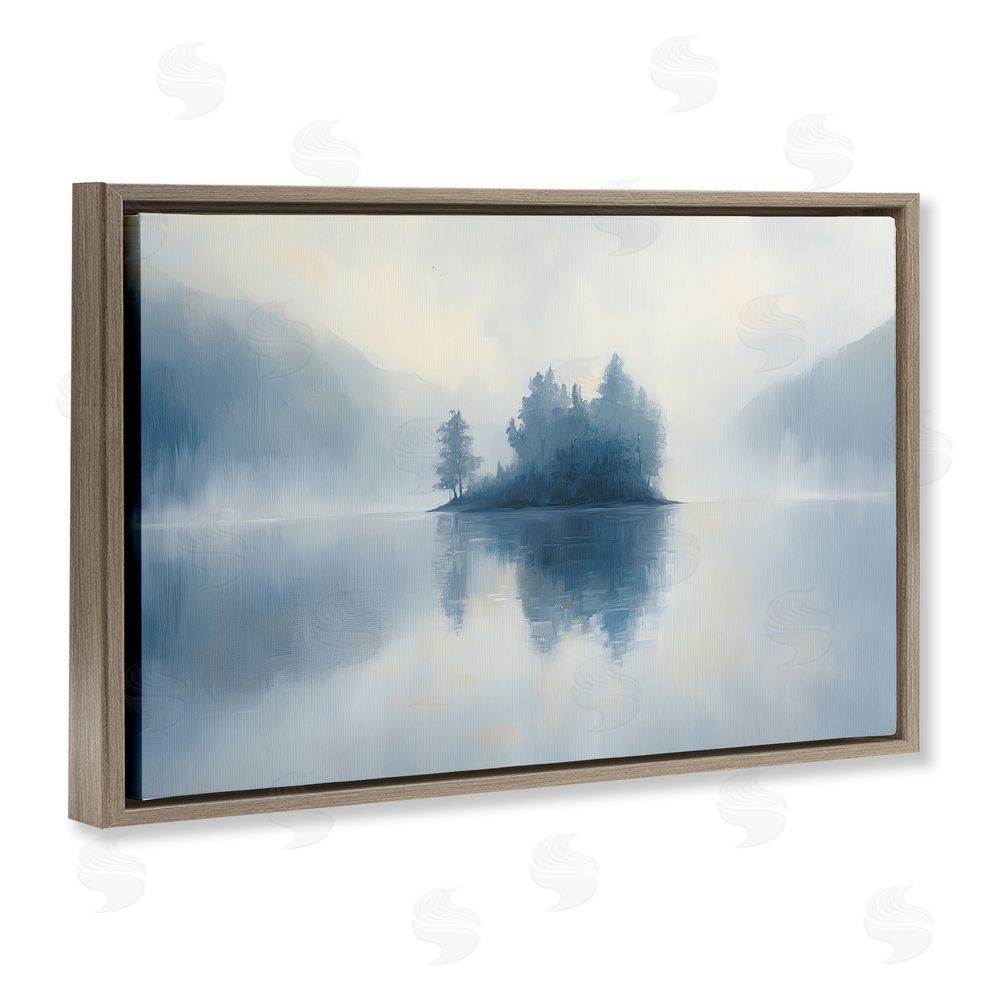 Gina Kelly Blue Misty Island Landscape Brown Floating Frame Canvas Wall Art Print