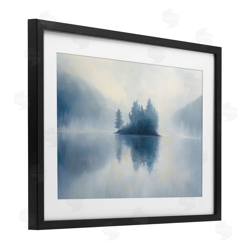Gina Kelly Blue Misty Island Landscape Black Framed Print Under Glass with White Mat Wall Art