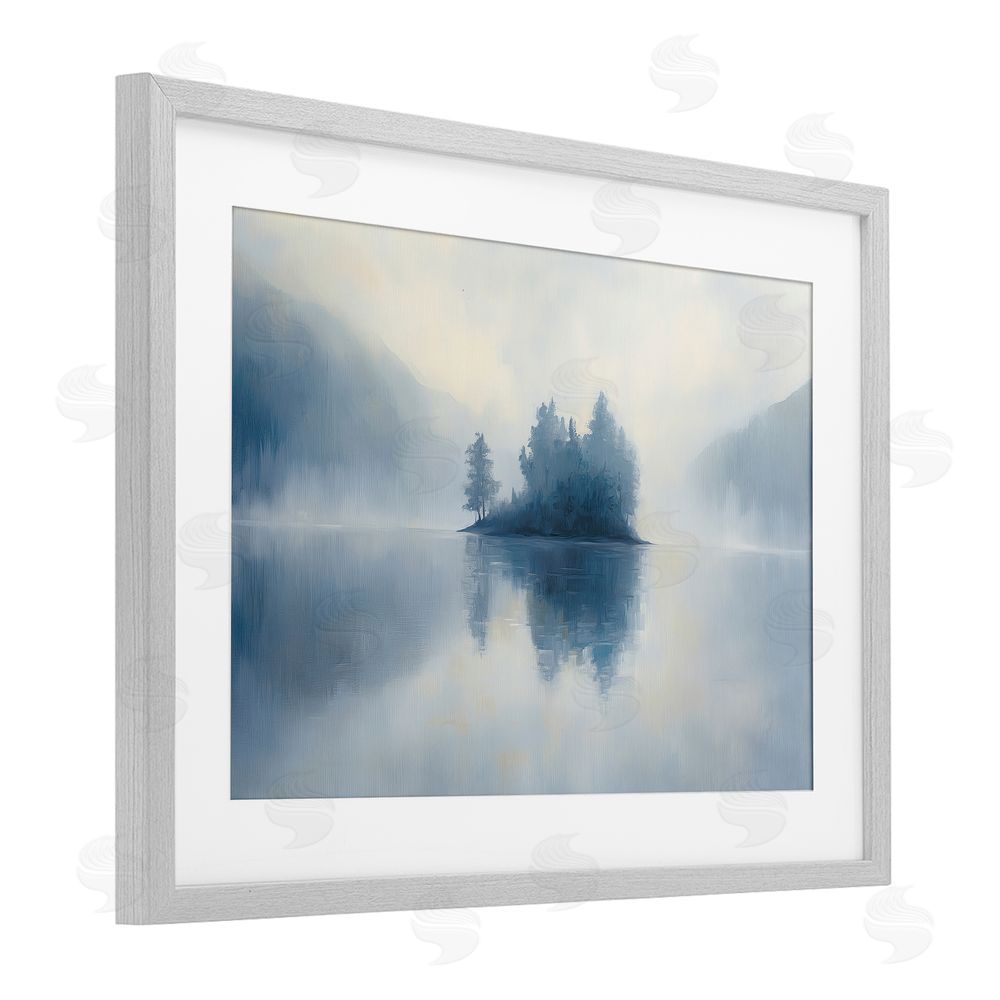 Gina Kelly Blue Misty Island Landscape Gray Framed Print Under Glass with White Mat Wall Art