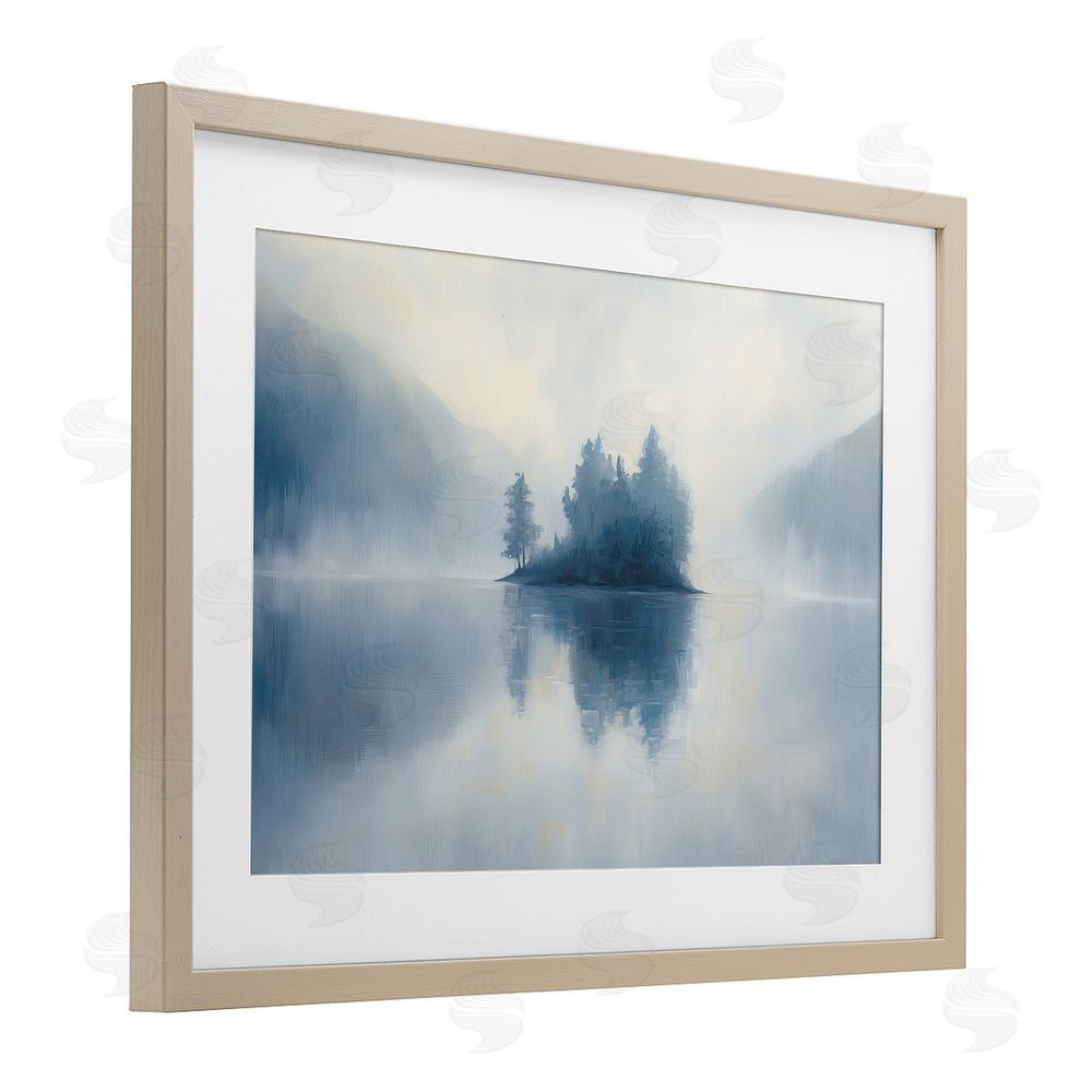 Gina Kelly Blue Misty Island Landscape Birch Framed Print Under Glass with White Mat Wall Art