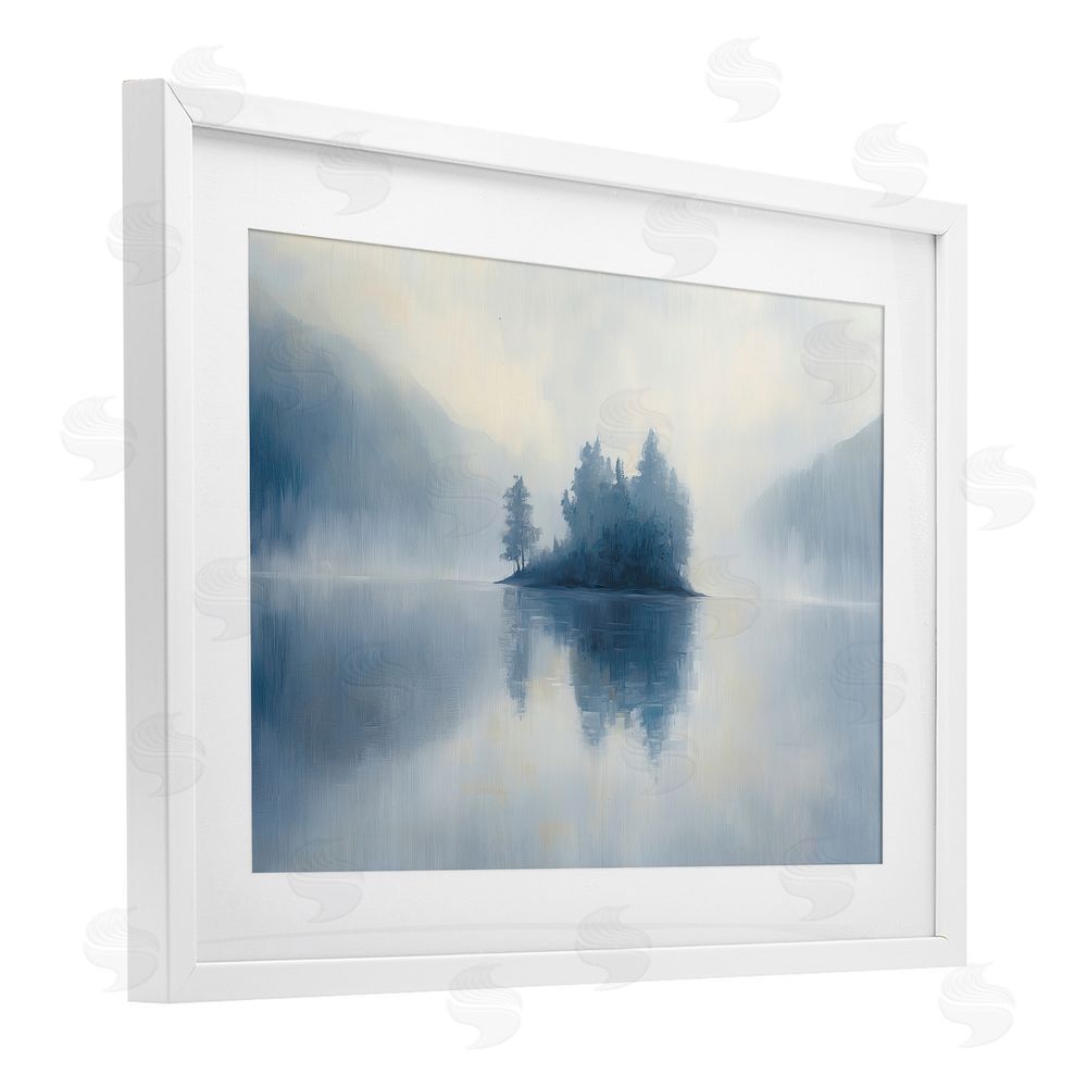 Gina Kelly Blue Misty Island Landscape White Framed Print Under Glass with Mat Wall Art