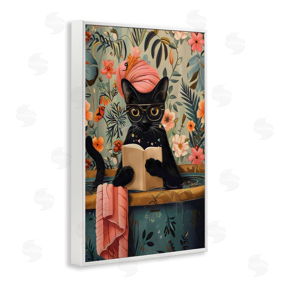 LSR Design Studio Kitty Wash Day Bathtub White Framed Giclee Wall Art Print
