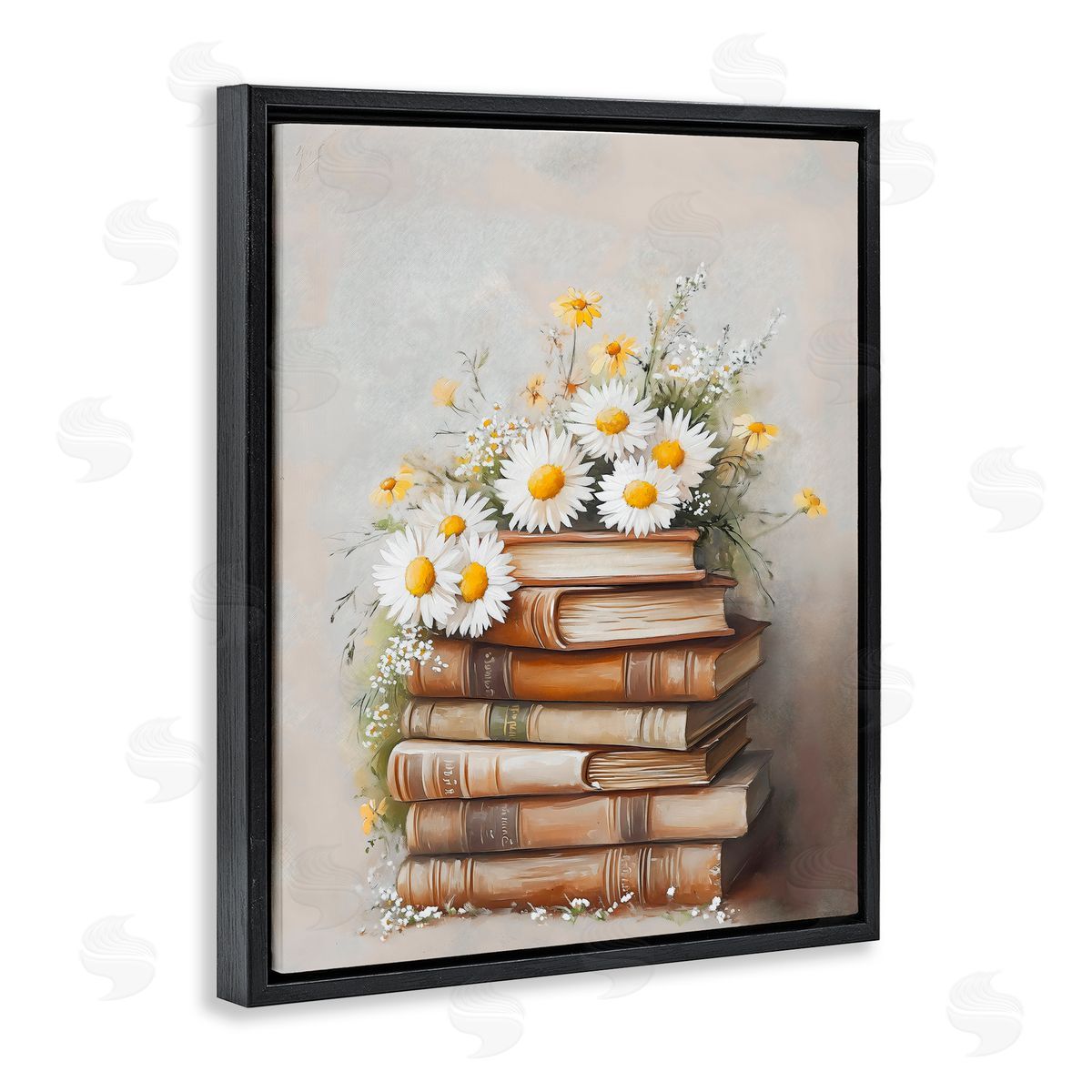 Arlington Prints Book Stack with Daisies Black Floating Frame Canvas Wall Art Print