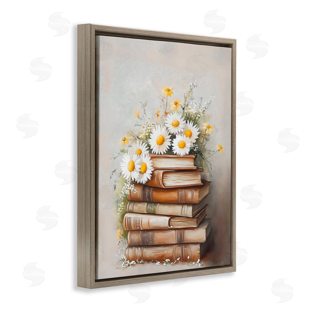Arlington Prints Book Stack with Daisies Brown Floating Frame Canvas Art Print
