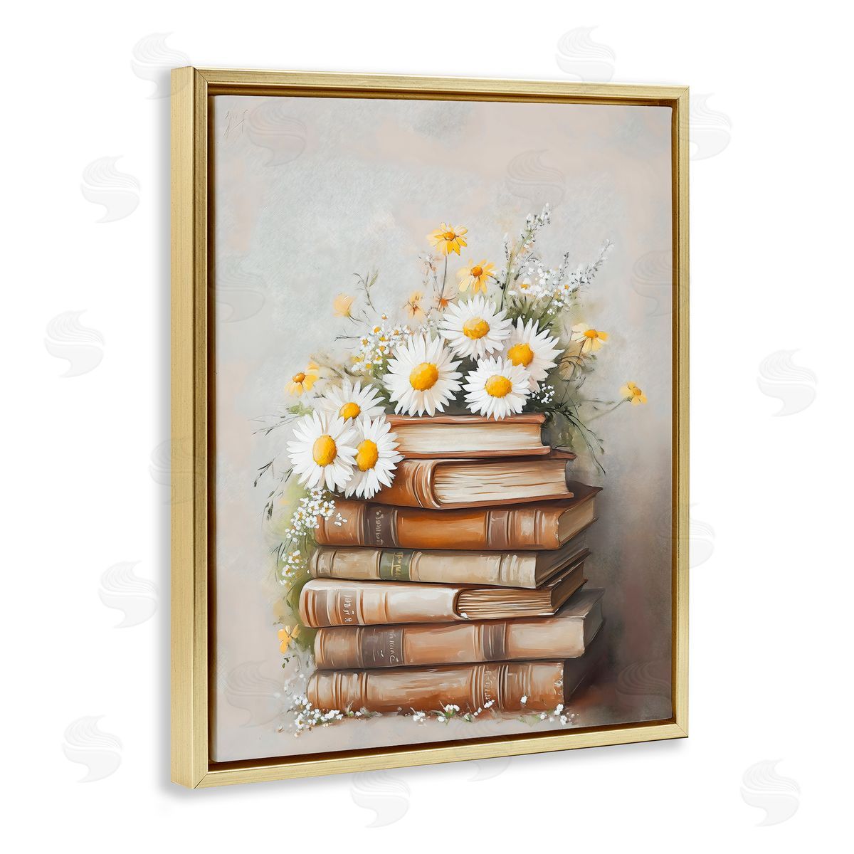 Arlington Prints Book Stack with Daisies Gold Floating Frame Canvas Art Print