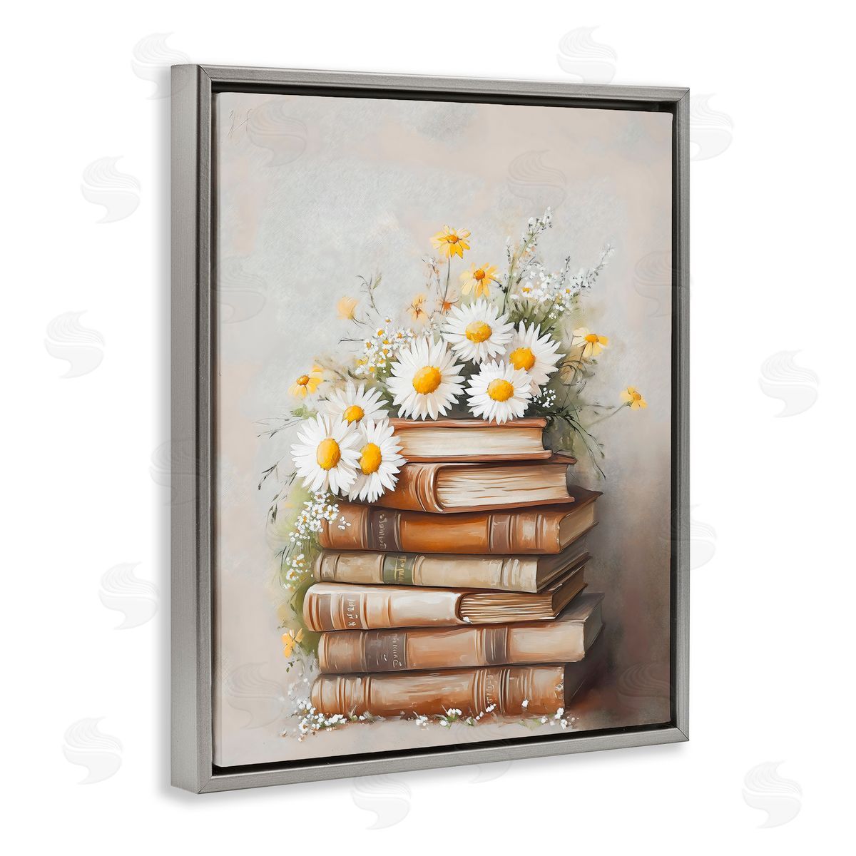 Arlington Prints Book Stack with Daisies Gray Floating Frame Canvas Art Print