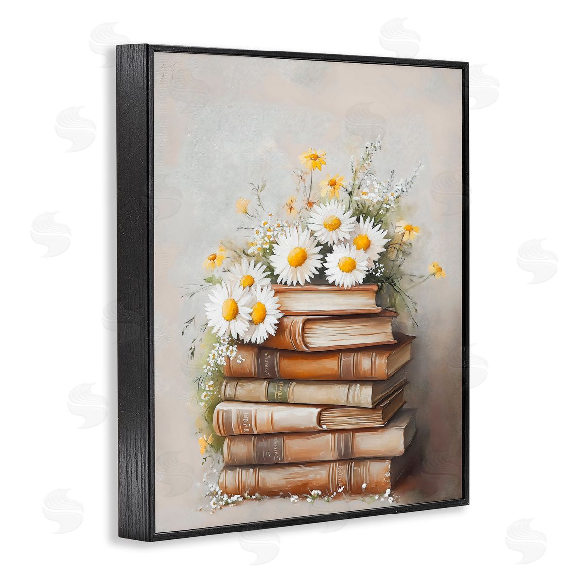Arlington Prints Book Stack with Daisies Black Framed Giclee Art Print