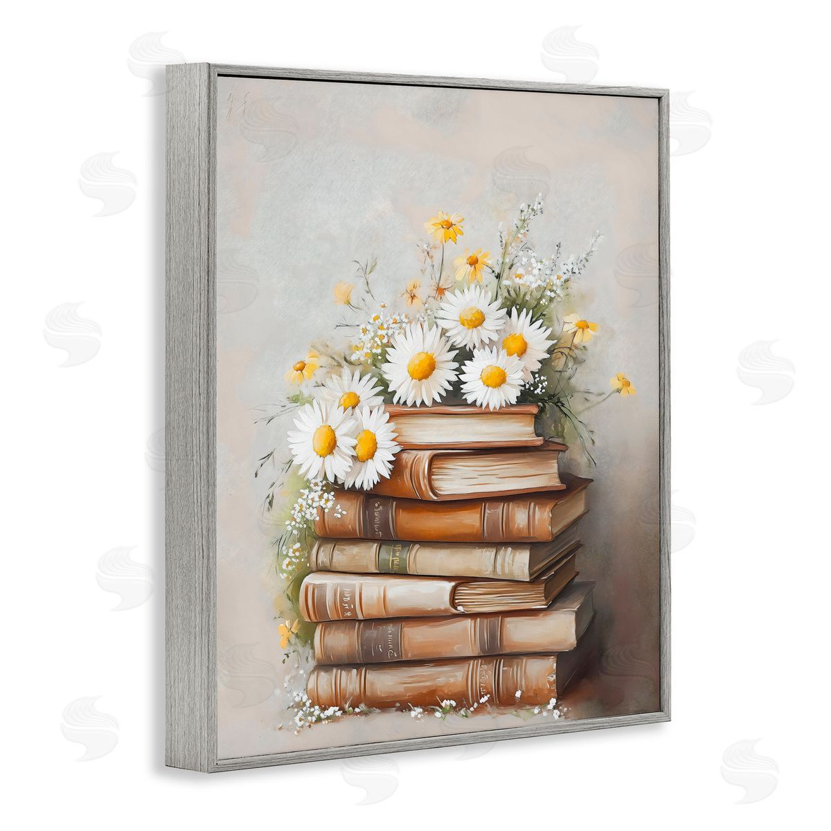 Arlington Prints Book Stack with Daisies Gray Framed Giclee Art Print
