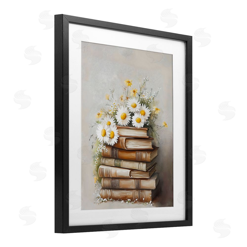 Arlington Prints Book Stack with Daisies Black Framed Print Under Glass Art