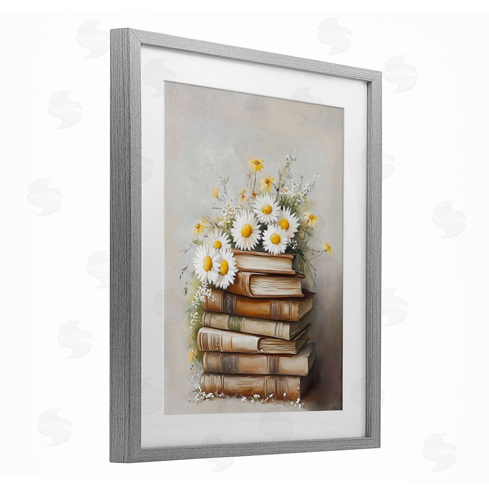 Arlington Prints Book Stack with Daisies Gray Framed Print Under Glass Art