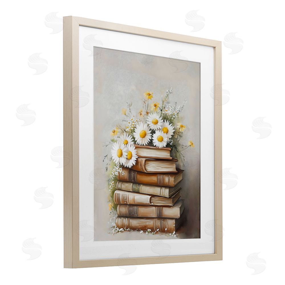 Arlington Prints Book Stack with Daisies Birch Framed Print Under Glass Art