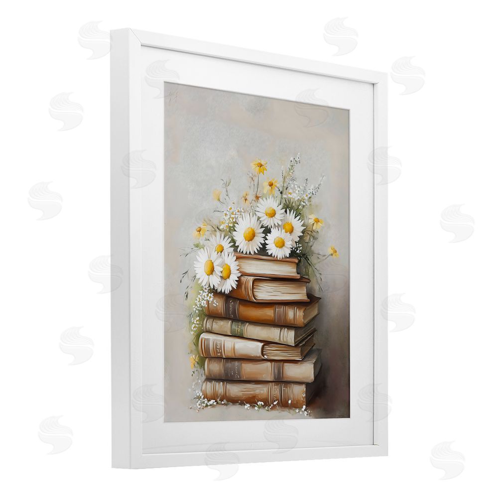 Arlington Prints Book Stack with Daisies White Framed Print Under Glass Art