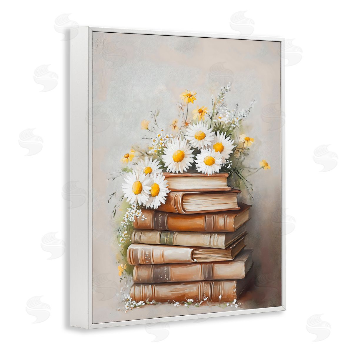 Arlington Prints Book Stack with Daisies White Frame Giclee Art Print