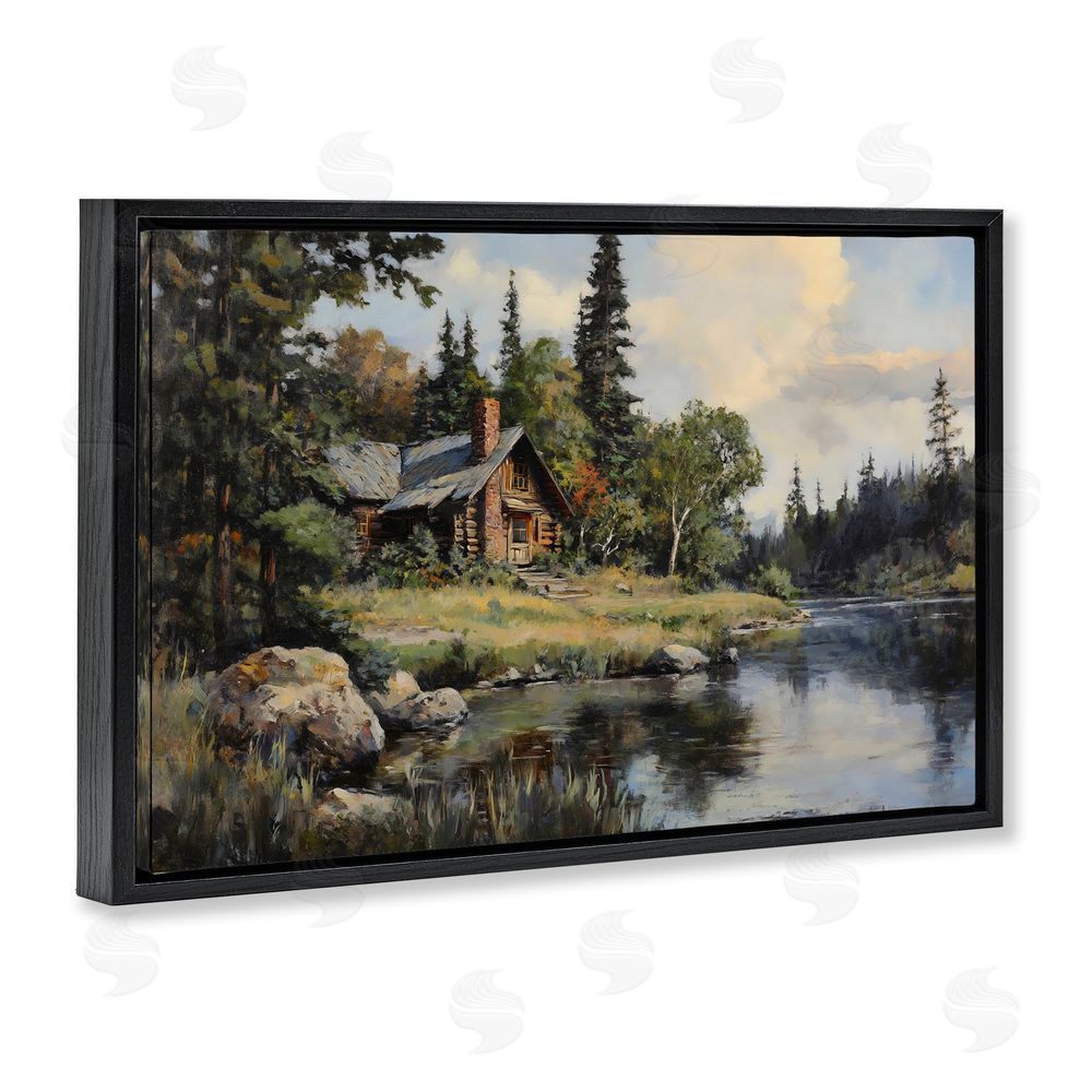Franklyn Gregory Creek Cabin Woodland View Black Floating Frame Canvas Wall Art Print