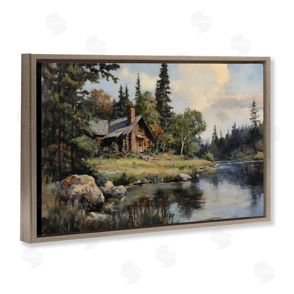Franklyn Gregory Creek Cabin Woodland View Brown Floating Frame Canvas Wall Art Print