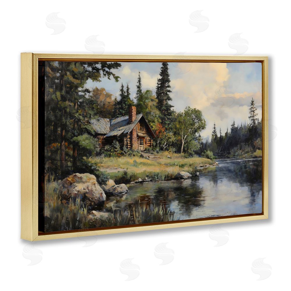 Franklyn Gregory Creek Cabin Woodland View Gold Floating Frame Canvas Wall Art Print