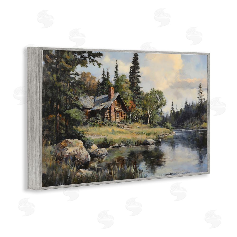 Franklyn Gregory Creek Cabin Woodland View Gray Framed Giclee Wall Art Print