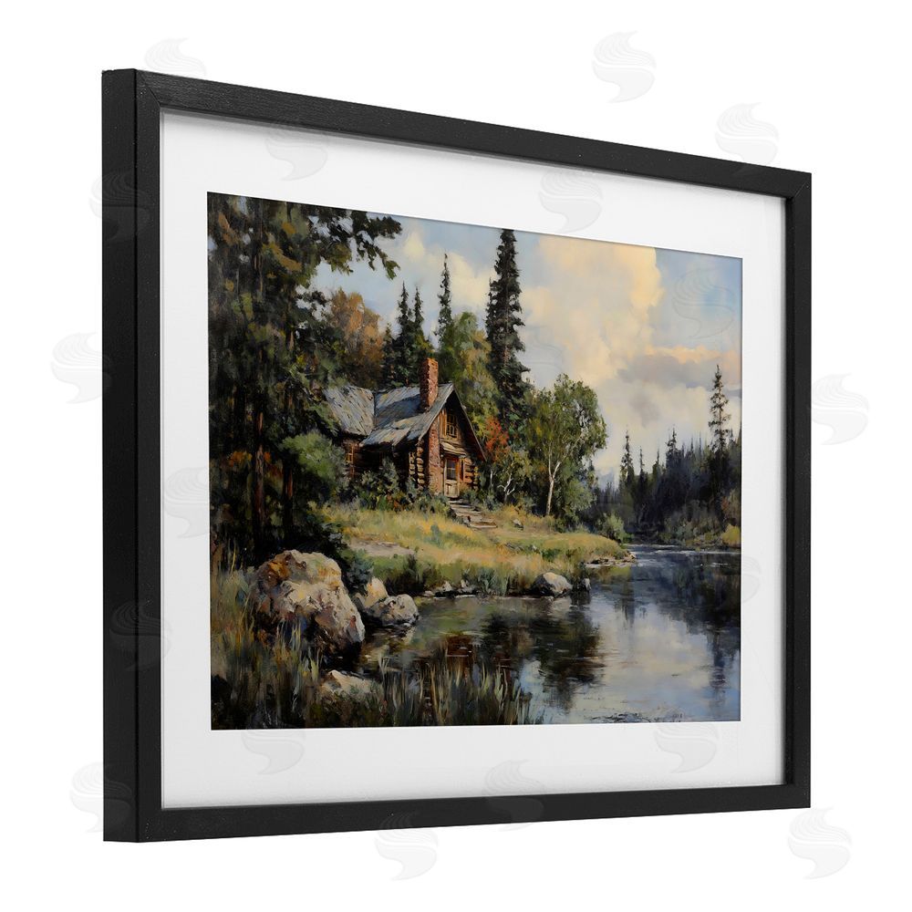 Franklyn Gregory Creek Cabin Woodland View Black Framed Print Under Glass with White Mat Wall Art