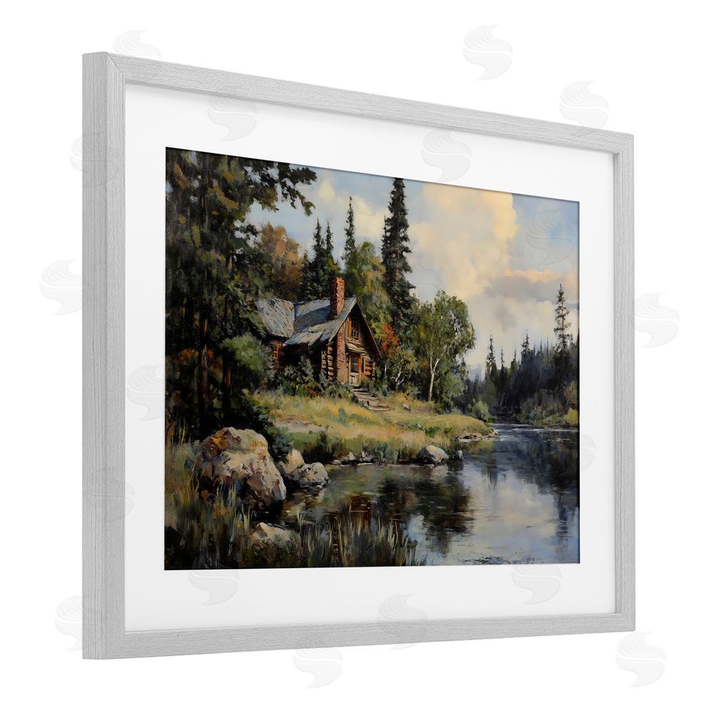 Franklyn Gregory Creek Cabin Woodland View Gray Framed Print Under Glass with White Mat Wall Art