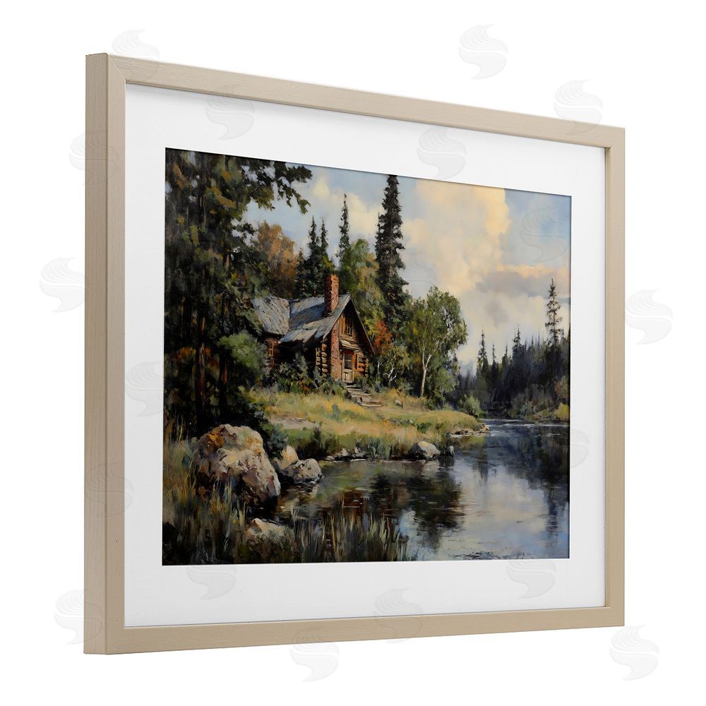 Franklyn Gregory Creek Cabin Woodland View Birch Framed Print Under Glass with White Mat Wall Art