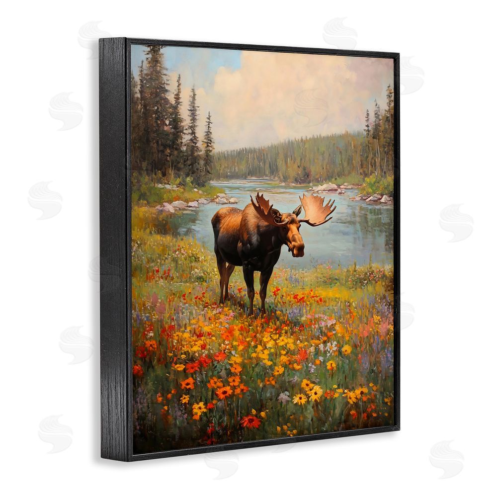 Franklyn Gregory Moose Grazing In The Flowers Black Framed Giclee Wall Art Print