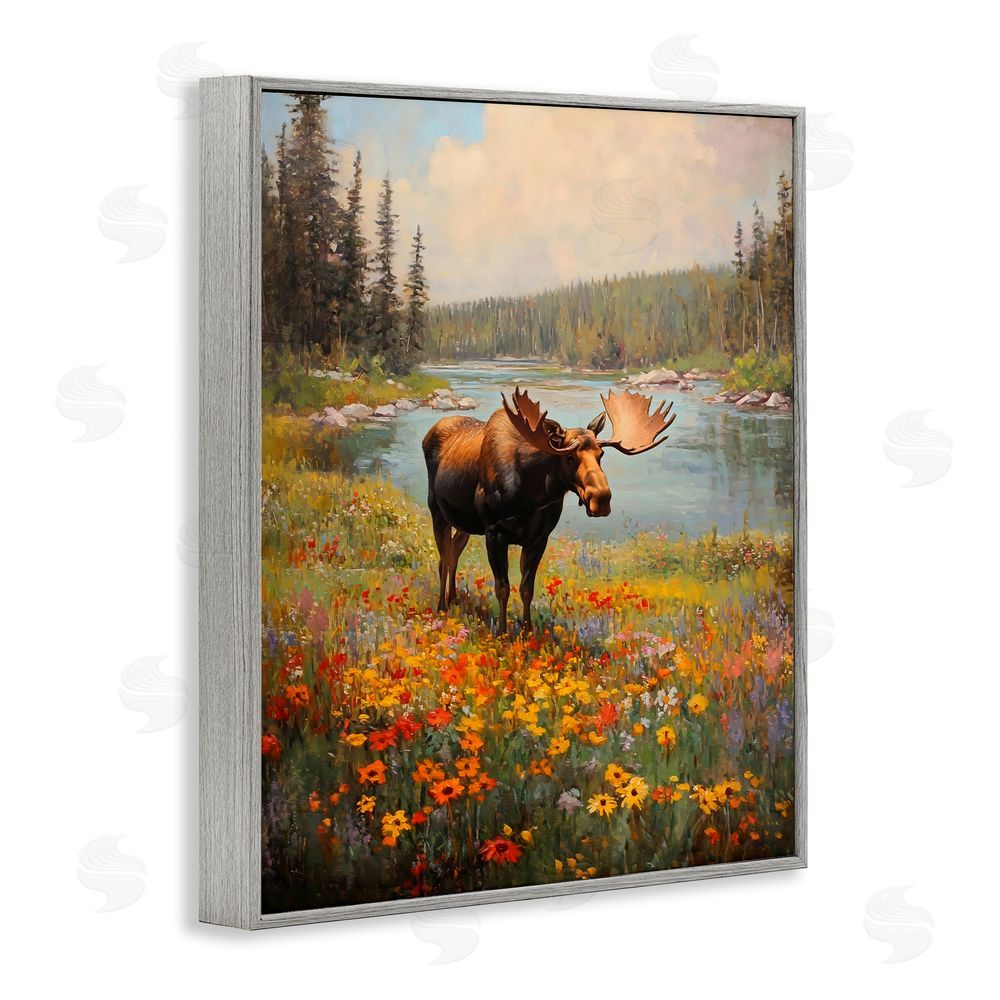 Franklyn Gregory Moose Grazing In The Flowers Gray Framed Giclee Wall Art Print