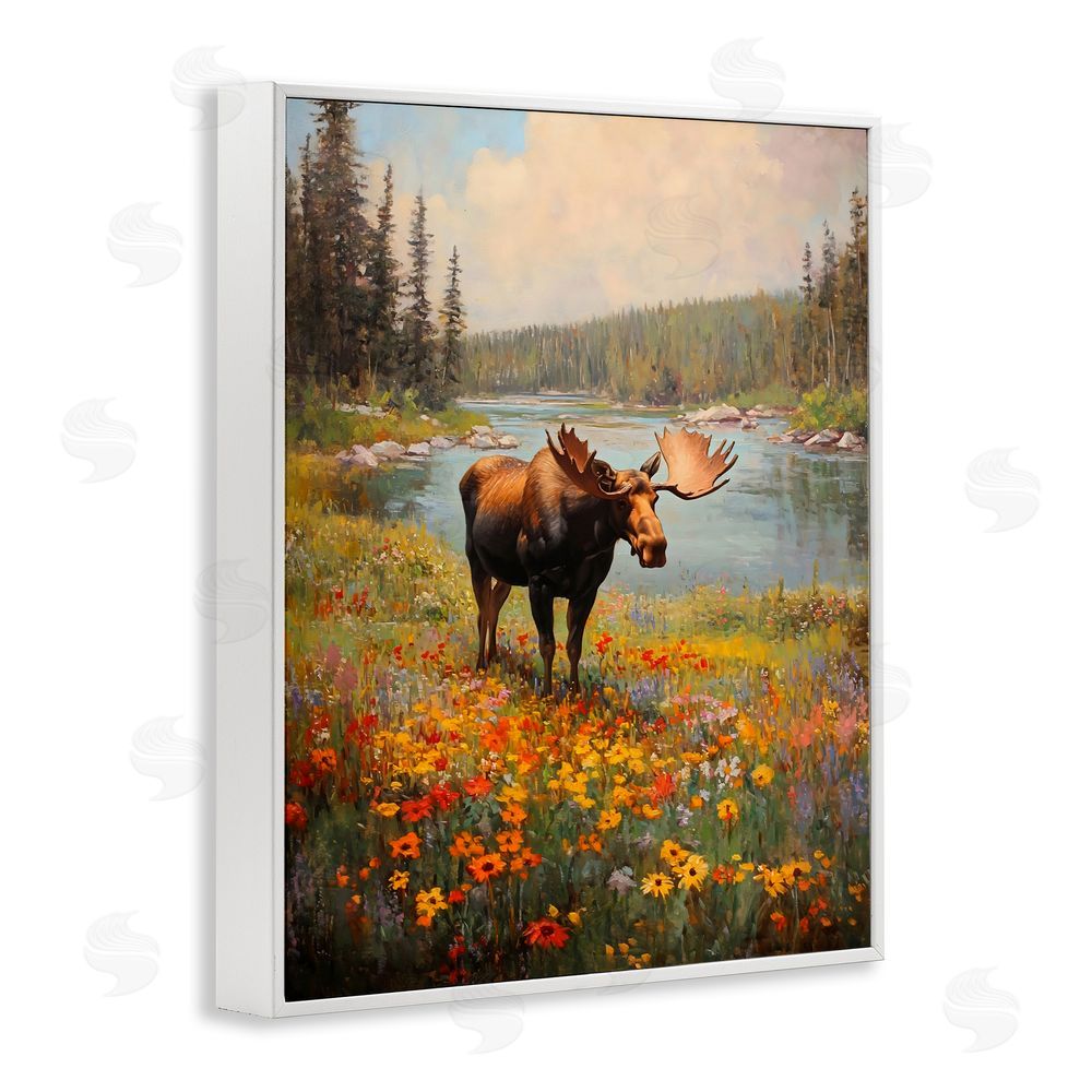 Franklyn Gregory Moose Grazing In The Flowers White Framed Giclee Wall Art Print