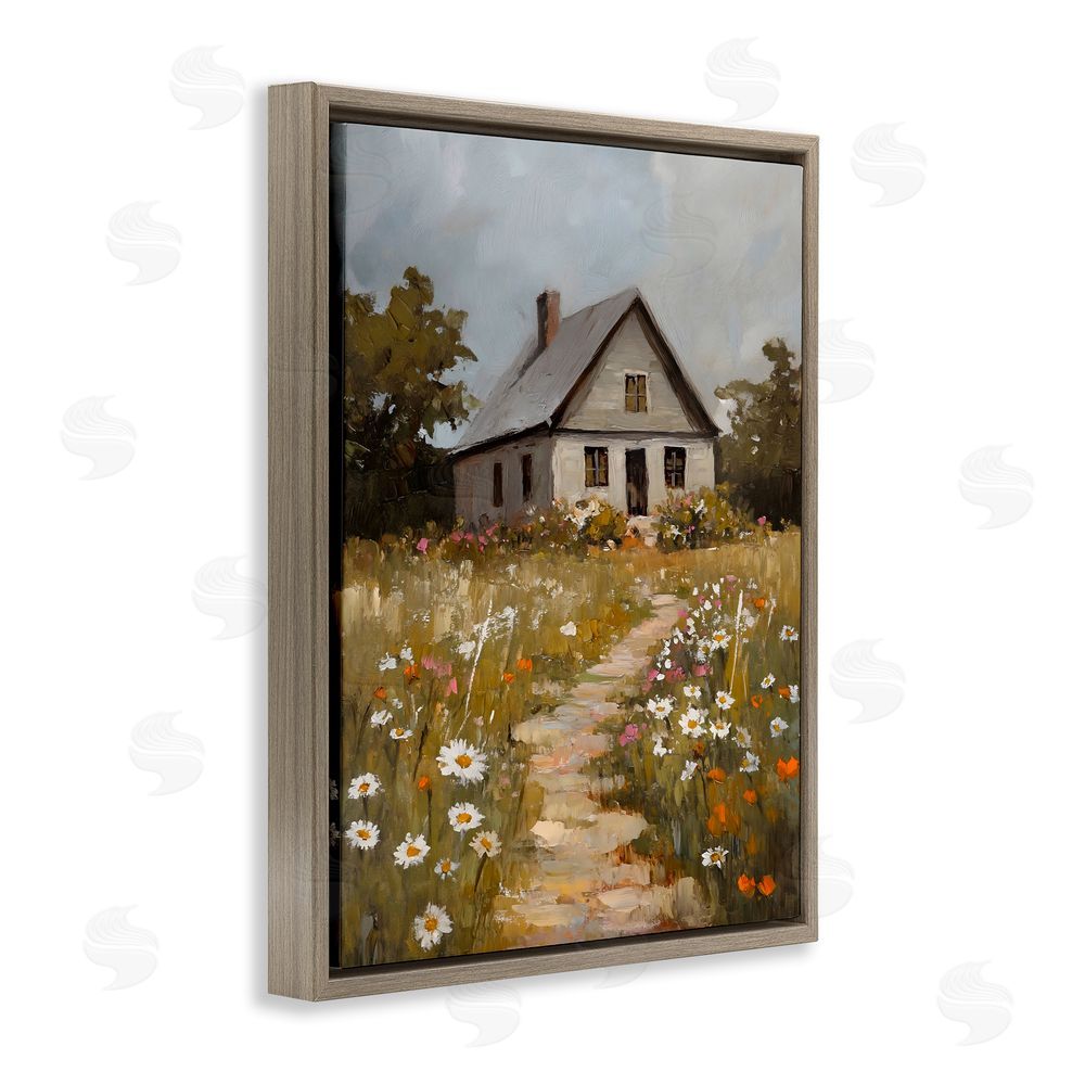 Franklyn Gregory Daisies Up Cottage Path Brown Floating Frame Canvas Wall Art Print