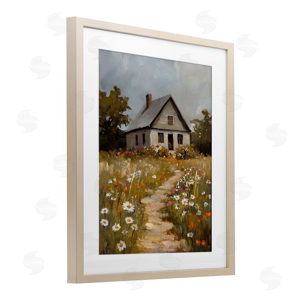 Franklyn Gregory Daisies Up Cottage Path Birch Framed Print Under Glass with White Mat Wall Art