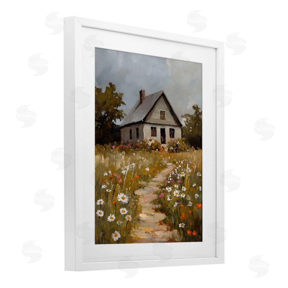 Franklyn Gregory Daisies Up Cottage Path White Framed Print Under Glass with Mat Wall Art