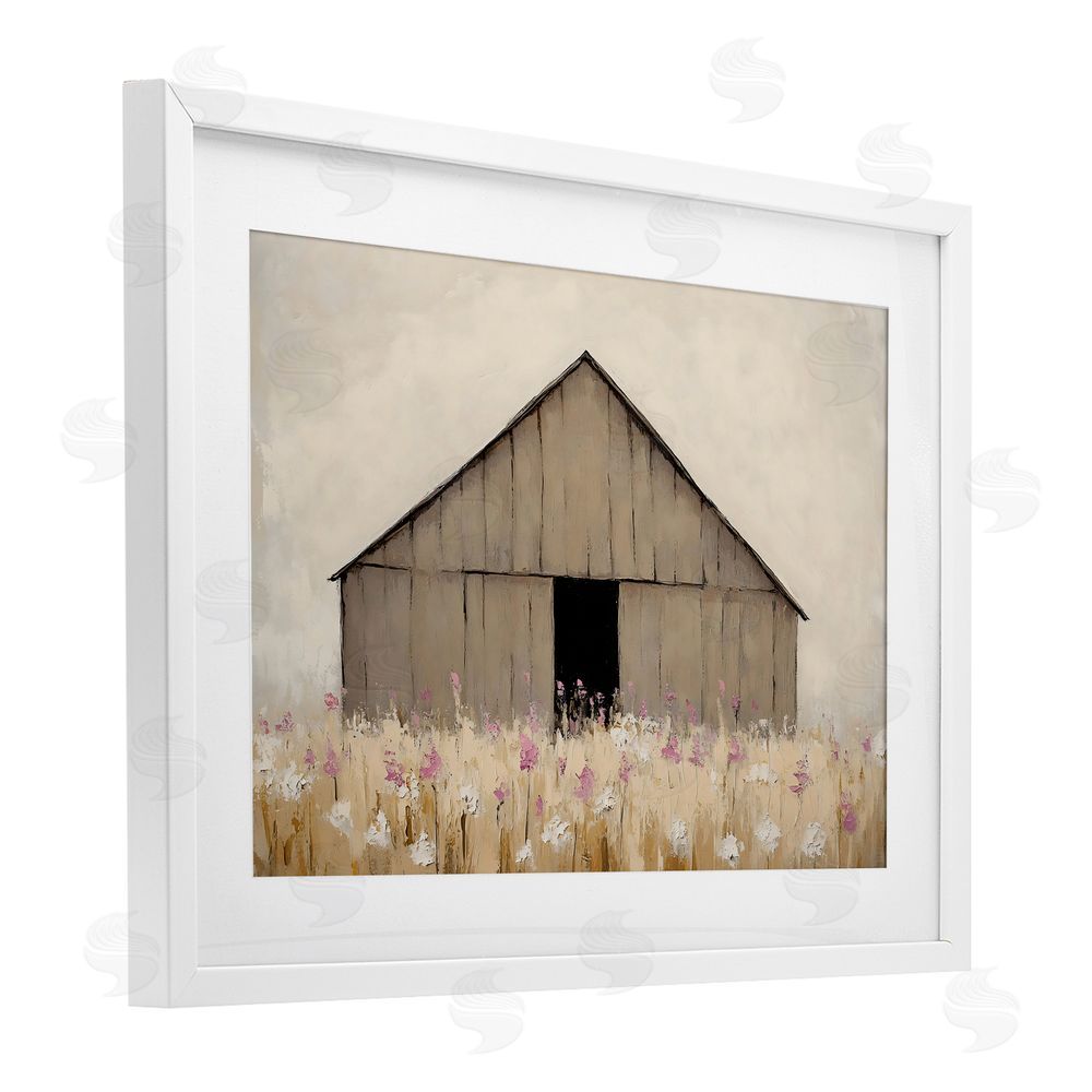 Franklyn Gregory Muted Barn in Meadow White Framed Print Under Glass with Mat Wall Art