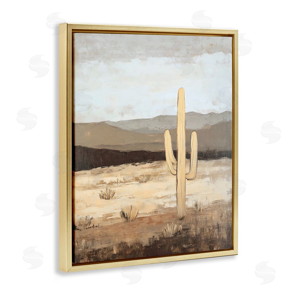 Franklyn Gregory Neutral Western Scene with Cactus Gold Floating Frame Canvas Wall Art Print