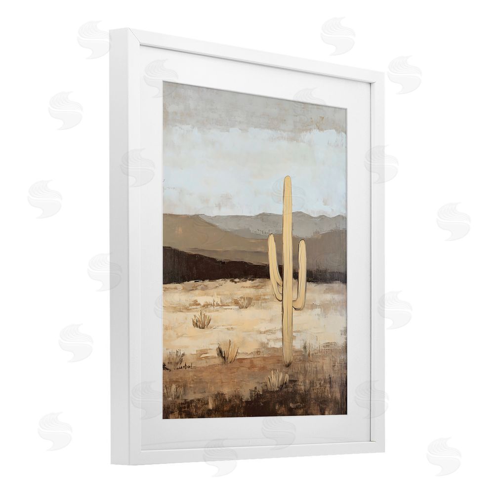 Franklyn Gregory Neutral Western Scene with Cactus White Framed Print Under Glass with Mat Wall Art