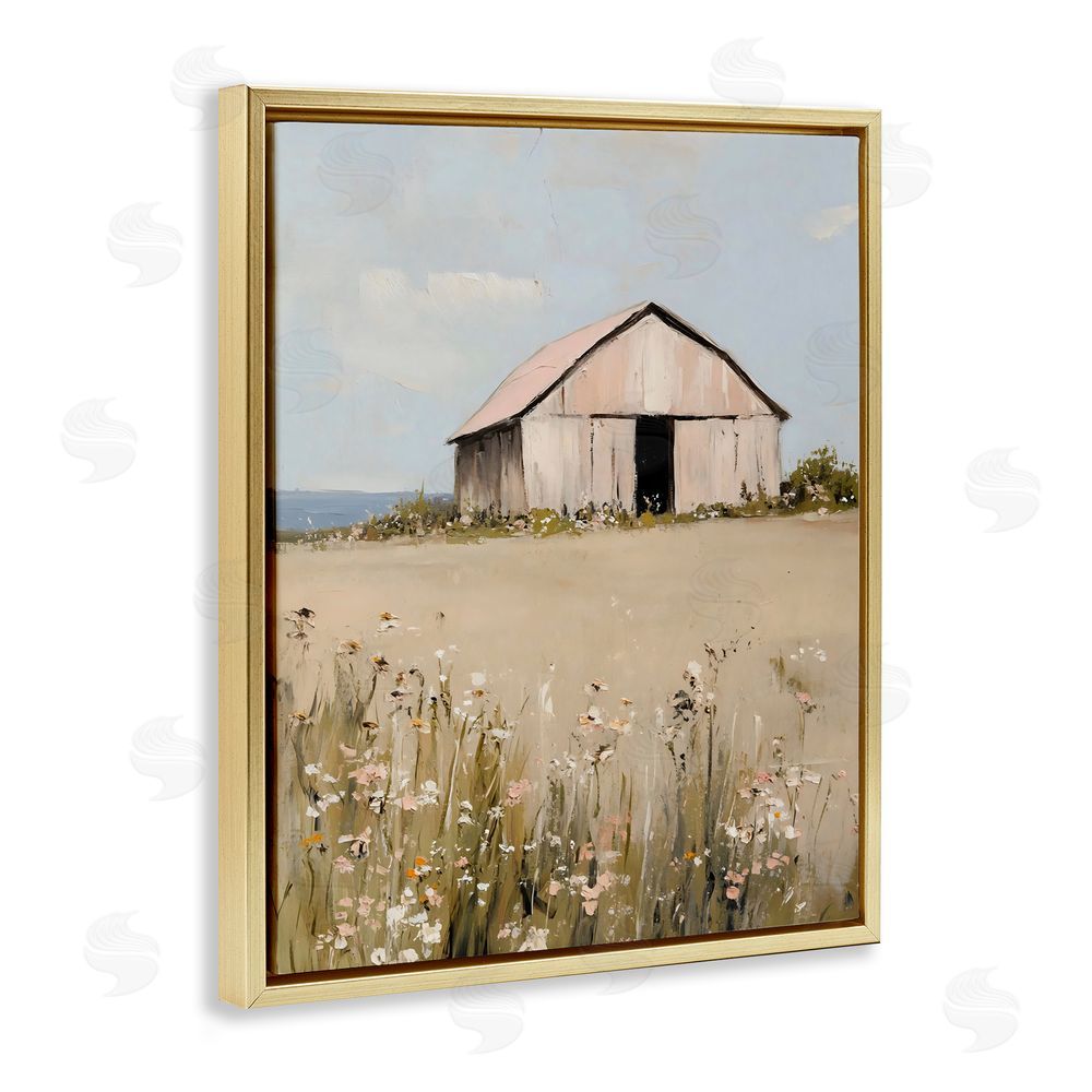 Franklyn Gregory Pretty Pink Barn Landscape Gold Floating Frame Canvas Wall Art Print