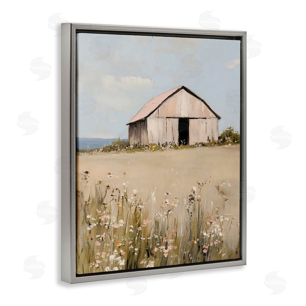 Franklyn Gregory Pretty Pink Barn Landscape Gray Floating Frame Canvas Wall Art Print