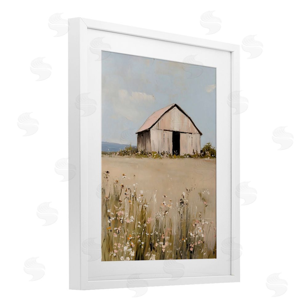 Franklyn Gregory Pretty Pink Barn Landscape White Framed Print Under Glass with Mat Wall Art