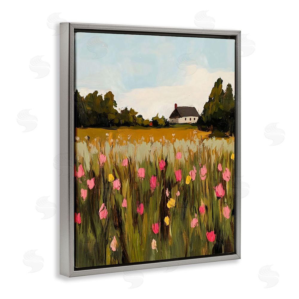 Franklyn Gregory Distant Wildflower Cottage Gray Floating Frame Canvas Wall Art Print