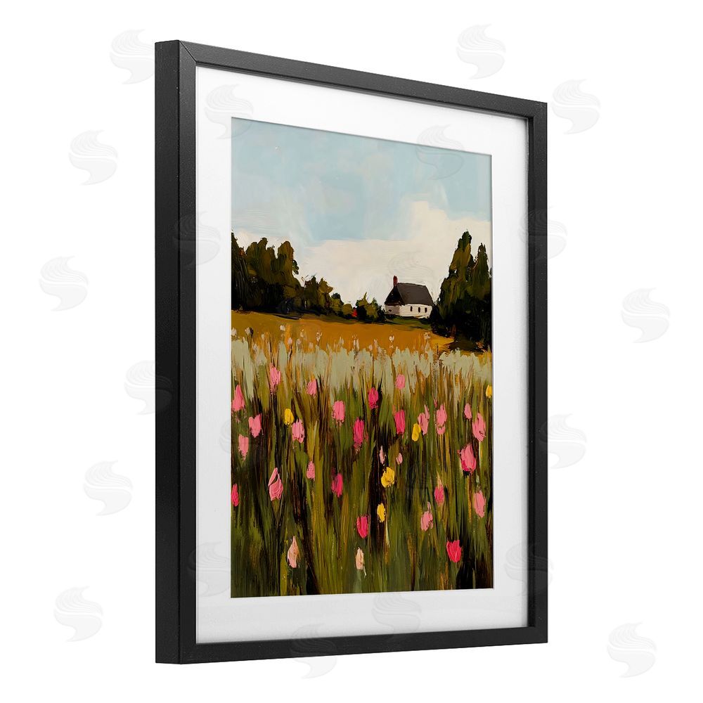Franklyn Gregory Distant Wildflower Cottage Black Framed Print Under Glass with White Mat Wall Art