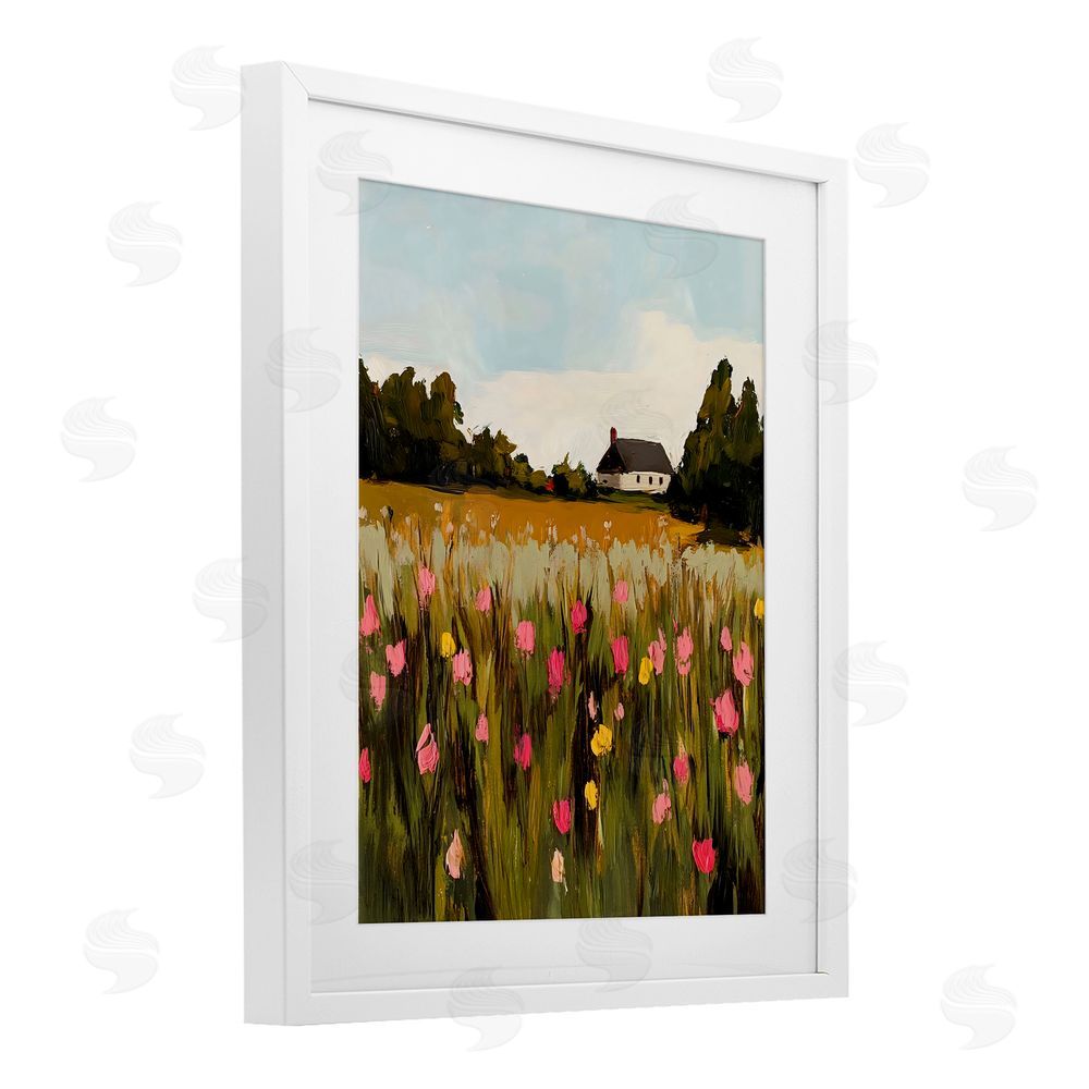 Franklyn Gregory Distant Wildflower Cottage White Framed Print Under Glass with Mat Wall Art