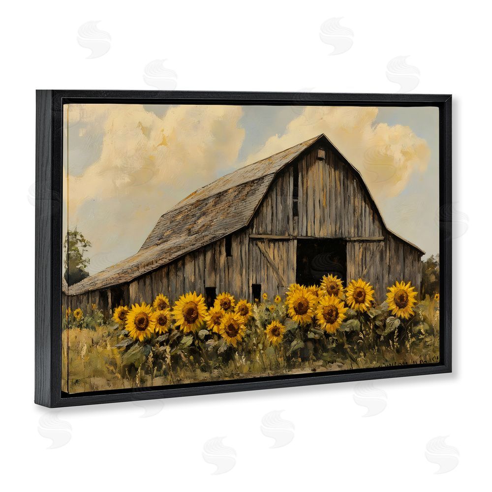 Franklyn Gregory Barn In Sunflower Field Black Floating Frame Canvas Wall Art Print