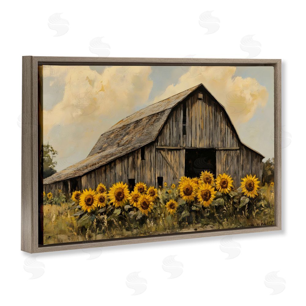 Franklyn Gregory Barn In Sunflower Field Brown Floating Frame Canvas Wall Art Print