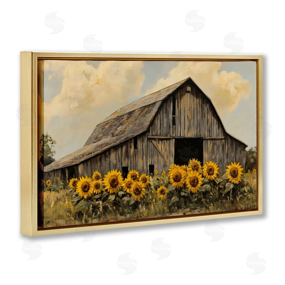 Franklyn Gregory Barn In Sunflower Field Gold Floating Frame Canvas Wall Art Print