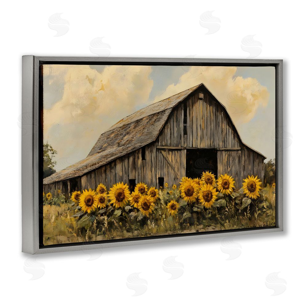Franklyn Gregory Barn In Sunflower Field Gray Floating Frame Canvas Wall Art Print