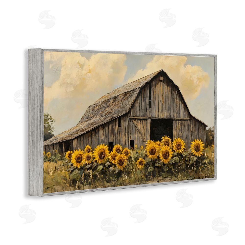 Franklyn Gregory Barn In Sunflower Field Gray Framed Giclee Wall Art Print