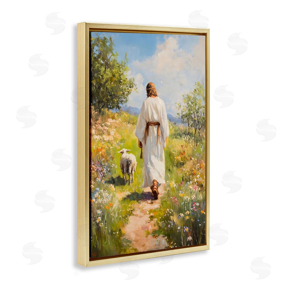 LSR Design Studio Jesus Leaving the Sheep Gold Floating Frame Canvas Wall Art Print