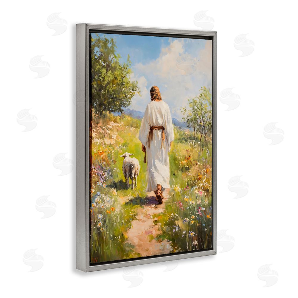 LSR Design Studio Jesus Leaving the Sheep Gray Floating Frame Canvas Wall Art Print
